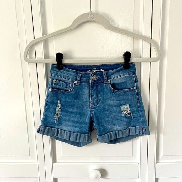 Girls 7 For All Mankind Cuffed Distressed Destroyed Denim Short Shorts Size 7 - Picture 1 of 12